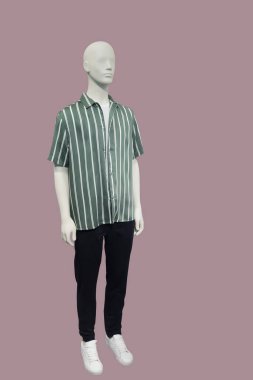 Siyah pantolon ve çizgili kısa kollu gömlek giyen, kahverengi arka planda izole bir erkek vitrin mankeni..