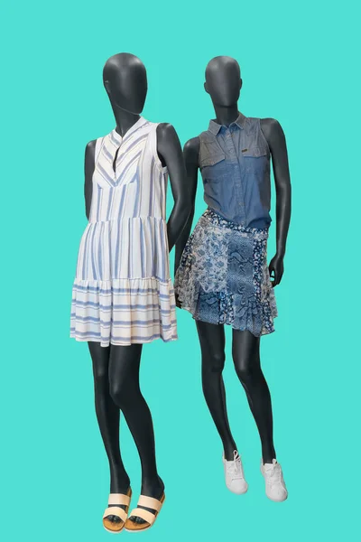 Two Full Length Images Female Mannequins Wearing Fashionable Clothes Isolated — Stock Photo, Image