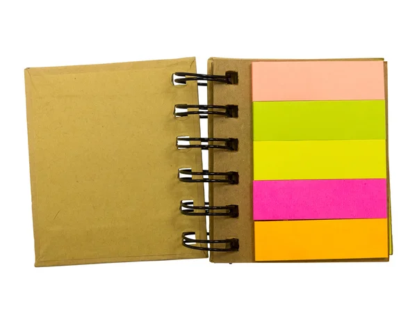 Pegatinas de notas en blanco pegadas a cuaderno espiral — Foto de Stock