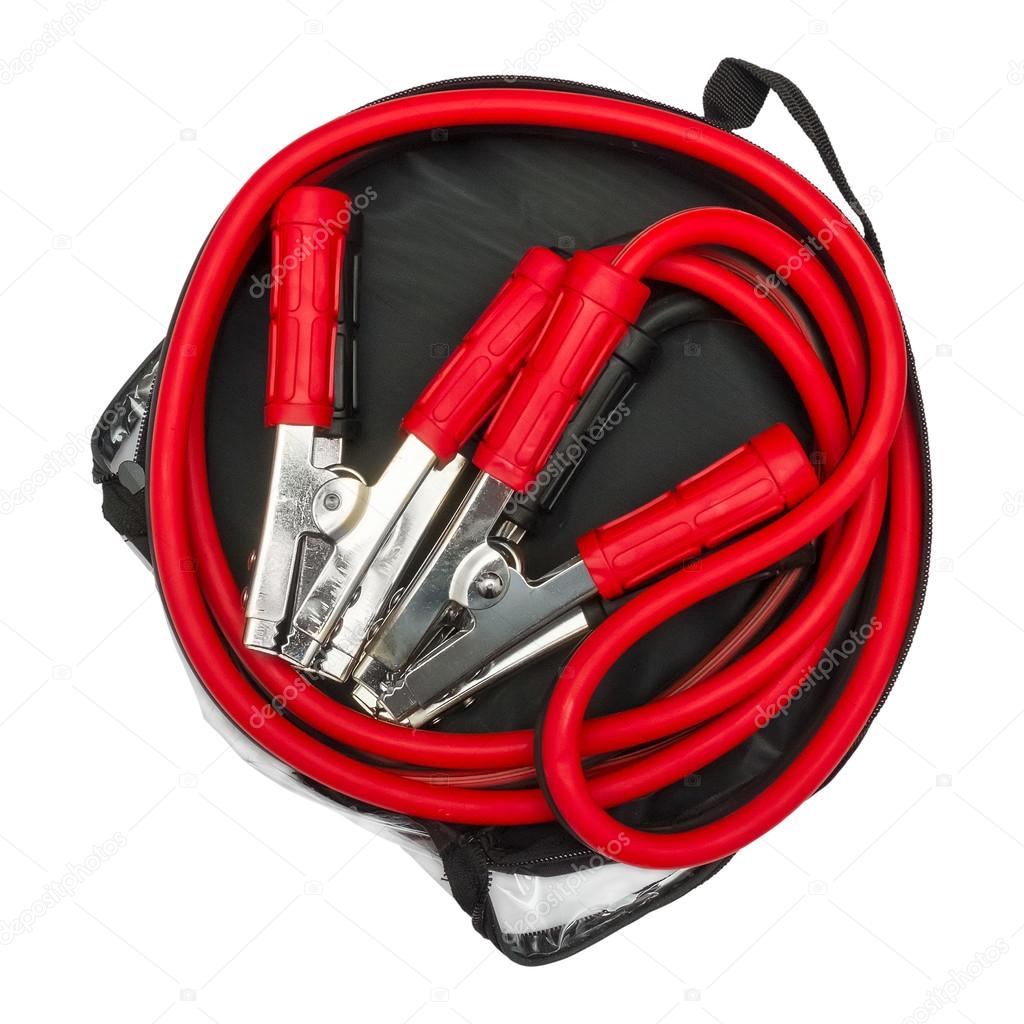Red and black jumper cables in bag