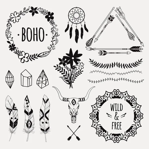 Vektor monochromen ethnischen Set mit Pfeilen, Federn, Kristallen, Blumenrahmen, Grenzen, Traumfänger, Bullenschädel. modernen romantischen Boho-Stil. Vorlagen für Einladungen, Scrapbooking. Hippie-Designelemente. — Stockvektor