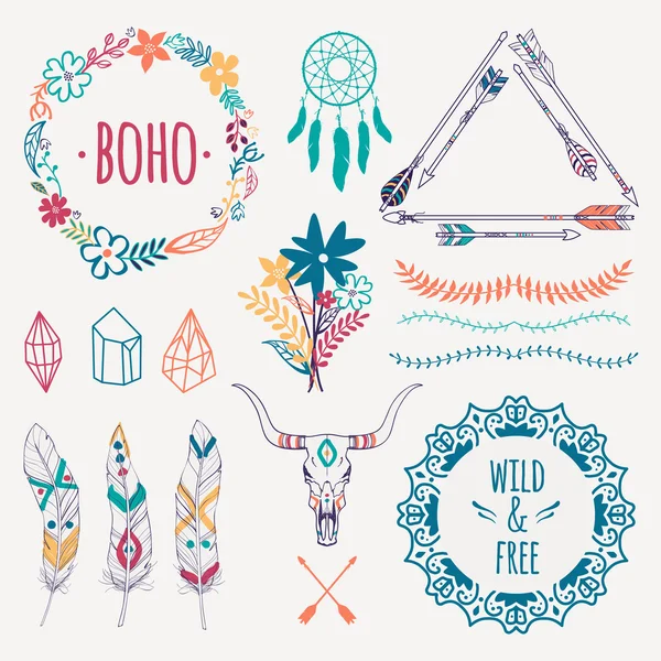 Vektor färgglada etniska set med pilar, fjädrar, kristaller, blommiga ramar, gränser, Dream Catcher, Bull skull. Modern romantisk Boho stil. Mallar för inbjudningar, scrapbooking. Hippie designelement. — Stock vektor