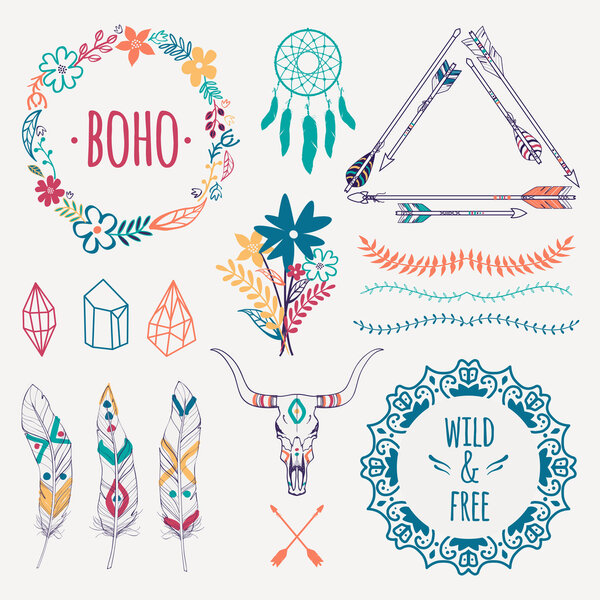 Vector colorful ethnic set with arrows, feathers, crystals, floral frames, borders, dream catcher, bull skull. Modern romantic boho style. Templates for invitations, scrapbooking. Hippie design elements.