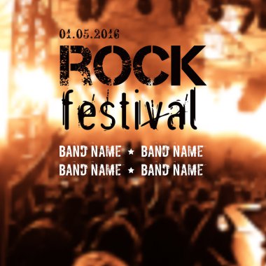 Vector blurred background with rock stage and crowd. Rock festival design template with place for text. clipart