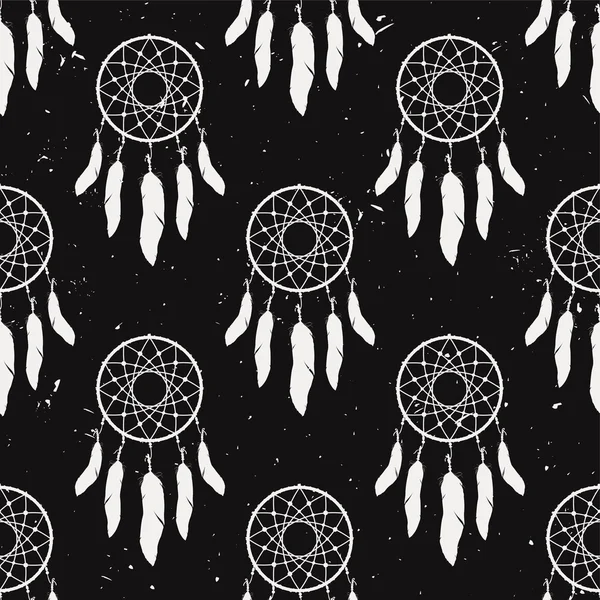 Vector grunge monochroom naadloze patroon met droom catchers. Boho design — Stockvector