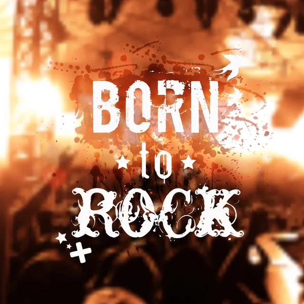 Vector blurred background with rock stage and crowd. Modern grunge illustration with watercolor splash and "Born to rock" phrase. Rock'n'roll poster — Stock Vector