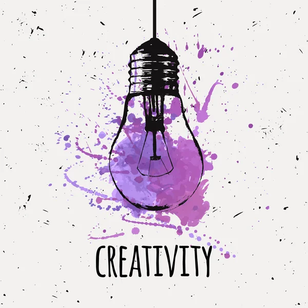 Vector illustration with hanging grunge light bulb with watercolor splash. Modern hipster sketch style. Idea and creativity concept. — Stock Vector