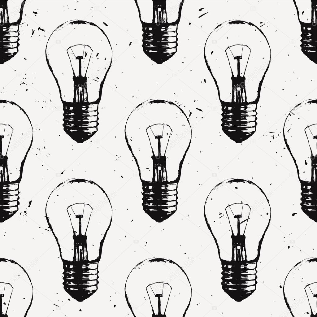 Vector grunge seamless pattern with light bulbs. Modern hipster sketch style. Idea and creative thinking concept.