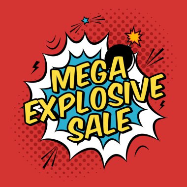 Mega patlayıcı satış indirim promosyon ile Vektör renkli pop art illüstrasyon. Modern çizgi roman tarzında halftone arka plan ve bomba patlama ile Dekoratif şablon.