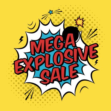 Mega patlayıcı satış indirim promosyon ile Vektör renkli pop art illüstrasyon. Modern çizgi roman tarzında halftone arka plan ve bomba patlama ile Dekoratif şablon.