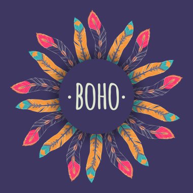 Vektör tüy kare boho tarzı olan etnik çizim. Aşiret tasarım.