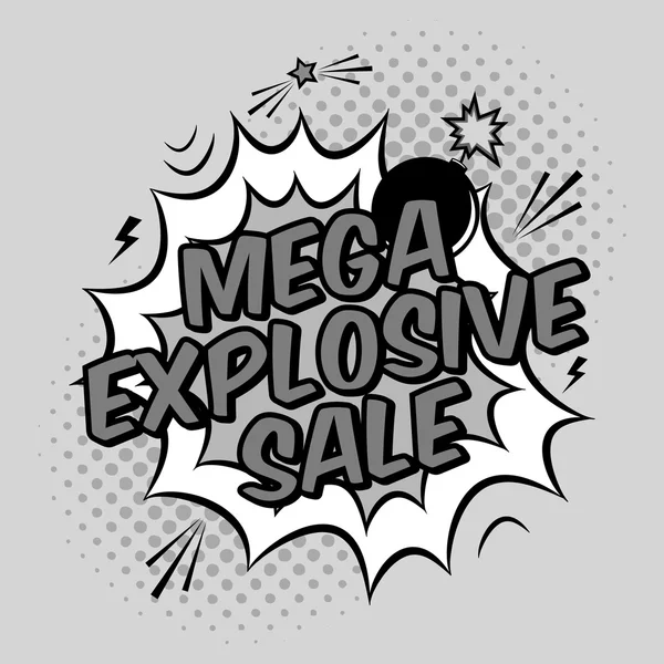 Vector ilustración de arte pop en blanco y negro con mega promoción de descuento venta explosiva. Plantilla decorativa con fondo de medio tono y explosión de bomba en estilo cómico moderno . — Vector de stock