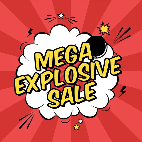 Vector colorido ilustración de arte pop con mega promoción de descuento venta explosiva. Plantilla decorativa con explosión de nube y bomba en estilo cómico moderno . — Vector de stock