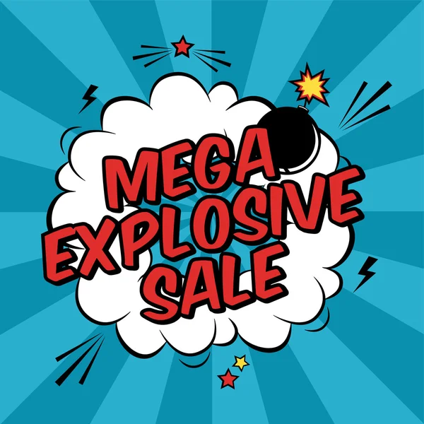 Vector colorido ilustración de arte pop con mega promoción de descuento venta explosiva. Plantilla decorativa con explosión de nube y bomba en estilo cómico moderno . — Vector de stock