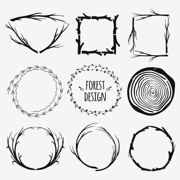 Vector decorative set of different frames with plants and tree branches. Rustic design for invitations, scrapbooking, greeting cards. Boho style. — Stock Illustration Vector decorative set of different frames with plants and tree branches. Rustic design for invitations, scrapbooking, greeting cards. Boho style. Vector Graphics