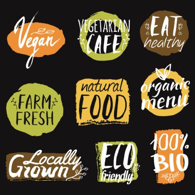 Vektör ile sağlıklı ayarla, Eko ve organik gıda etiketleri. Vejetaryen Restoran, vegan Cafe menü için kullanılabilir. Çiftlik taze ve biyo gıda kavramı.