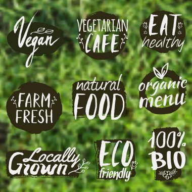 Vektör ile sağlıklı ayarla, Eko ve organik gıda etiketleri üzerinde arka plan bulanık. Vejetaryen Restoran, vegan Cafe menü için kullanılabilir. Çiftlik taze ve biyo gıda kavramı.