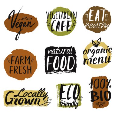 Vektör ile sağlıklı ayarla, Eko ve organik gıda etiketleri. Vejetaryen Restoran, vegan Cafe menü için kullanılabilir. Çiftlik taze ve biyo gıda kavramı.