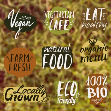 Vektör ile sağlıklı ayarla, Eko ve organik gıda etiketleri üzerinde arka plan bulanık. Vejetaryen Restoran, vegan Cafe menü için kullanılabilir. Çiftlik taze ve biyo gıda kavramı.