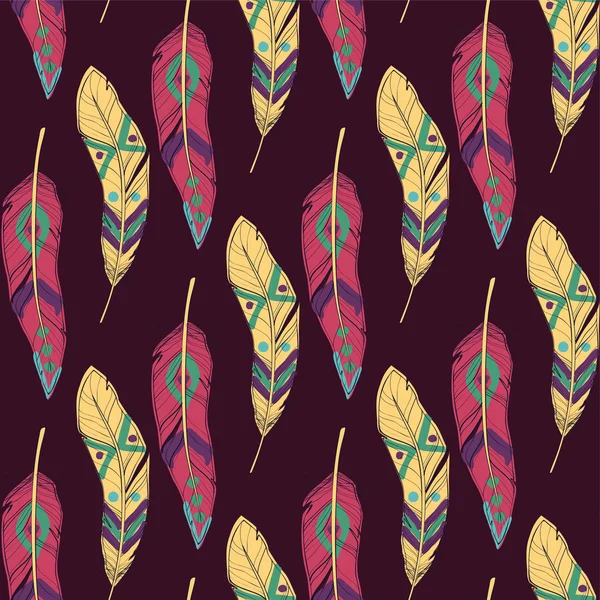 Vector kleurrijke naadloze etnische patroon met decoratieve veren. Boho stijl. — Stockvector