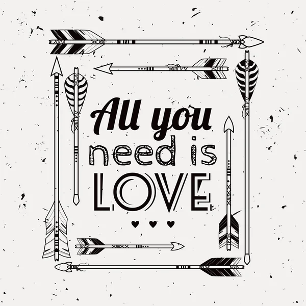 Cadre ethnique romantique vectoriel abstrait avec flèches et texte typographique "Tout ce dont vous avez besoin est l'amour". Affiche dans le style boho. Motifs indiens américains . — Image vectorielle