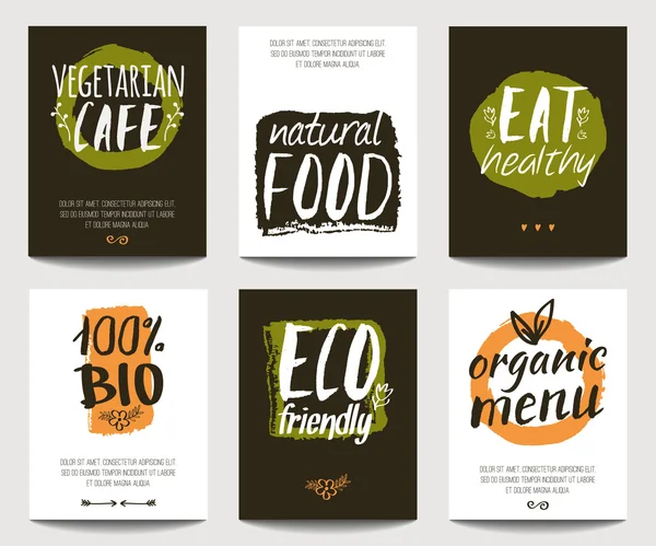 Vektor s ekologicky šetrné a ekologické potraviny šablon. Módní vegetariánské plakáty pro letáky, bannery, restauraci či kavárně design menu. Přirozené potravy a koncept zdravého životního stylu. — Stockový vektor