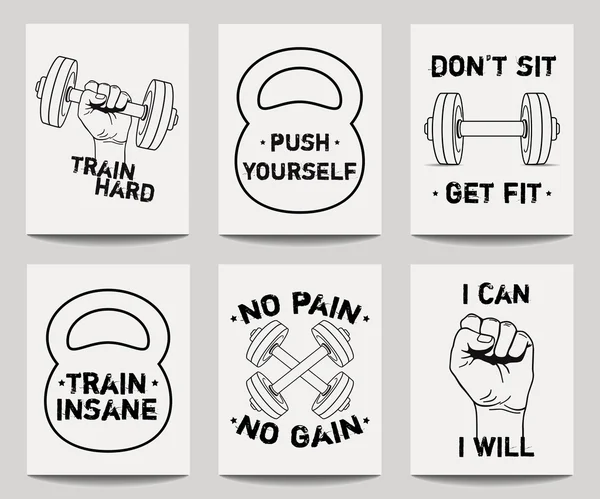 Conjunto vectorial de plantillas de fitness modernas con manos, mancuernas, peso y frases motivacionales. Fondos de entrenamiento de moda . — Archivo Imágenes Vectoriales