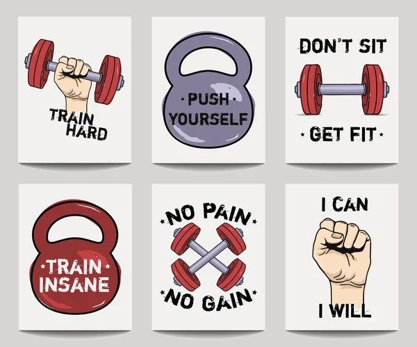 Vector set of modern fitness templates with hands, dumbbells, weight and motivational phrases. Trendy workout backgrounds. — Stock Vector