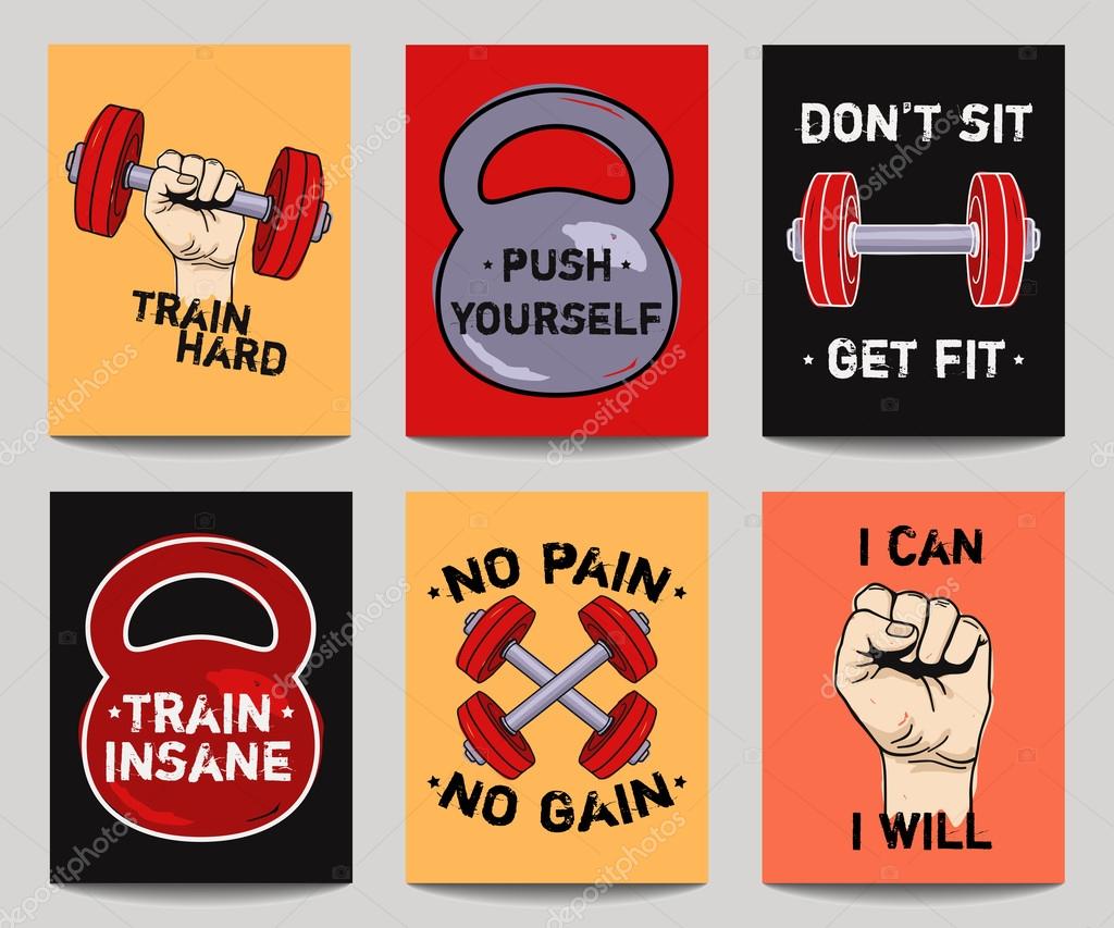 Vector colorful set of modern fitness templates with hands, dumbbells, weight and motivational phrases. Trendy workout backgrounds.