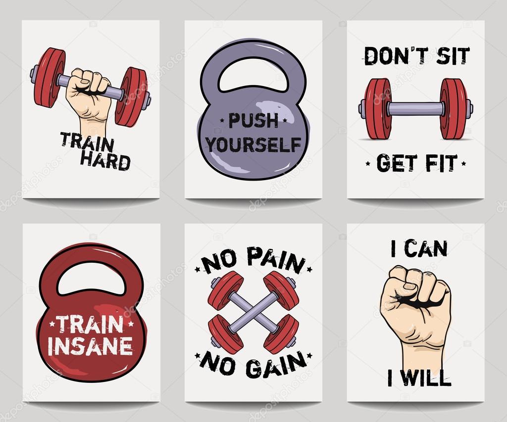 Vector set of modern fitness templates with hands, dumbbells, weight and motivational phrases. Trendy workout backgrounds.