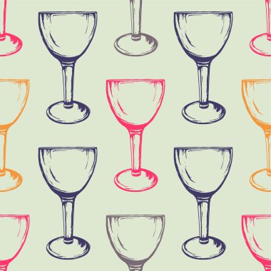 Şarap bardakları ile Vektör renkli dikişsiz desen. Elle çizilmiş stil.
