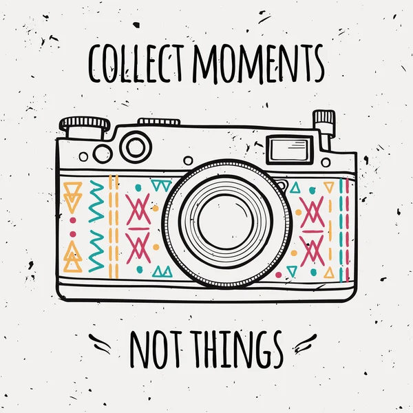 Vector illustration with retro photo camera and typography phrase "Collect moments not things". — Stock Vector