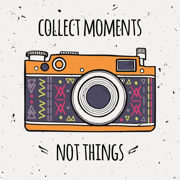 Vector illustration with retro photo camera and typography phrase "Collect moments not things". — Stock Vector