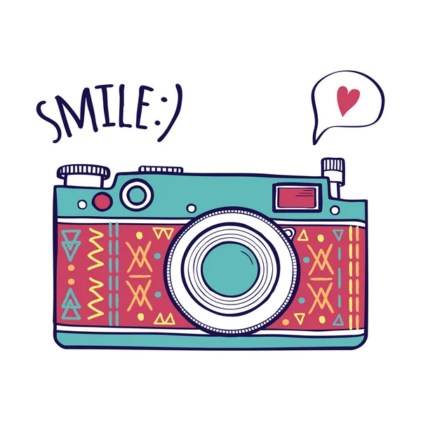 Vector illustration with cute retro photo camera, typography phrase "Smile" with speech bubble and heart. Modern design — Stock Vector