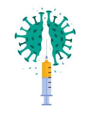 Tıbbi şırınga enjeksiyonuyla koronavirüsün vektör çizimi yok edildi. Yenilmiş virüsün patlaması beyaz arka planda izole edildi. Aşı kavramı covid-19. Salgına karşı zafer