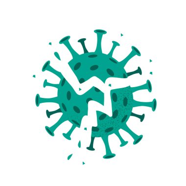 Yok edilmiş koronavirüsün vektör çizimi. Yenilmiş virüsün patlaması beyaz arka planda izole edildi. Aşı kavramı covid-19. Salgına karşı zafer