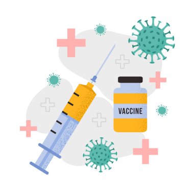 Tıbbi şırınga, COVID 19 aşısı, beyaz arka planda izole edilmiş virüs. Aşı, koronavirüs, aşılama kavramı