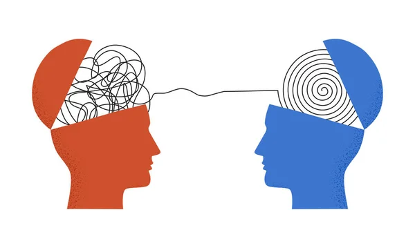 白い糸で二つの人間の頭のシルエットのベクトルイラスト 精神療法の概念 コーチング コンサルティング 精神障害 うつ病治療 心理的ヘルプ — ストックベクタ