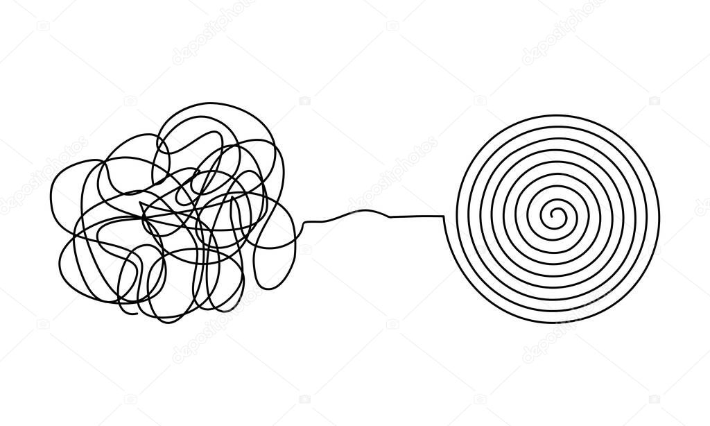 Vector illustration of messy complicated clew line transforming into orderly round element isolated on white background. Concept of solving problem, difficult situation, chaos and mess