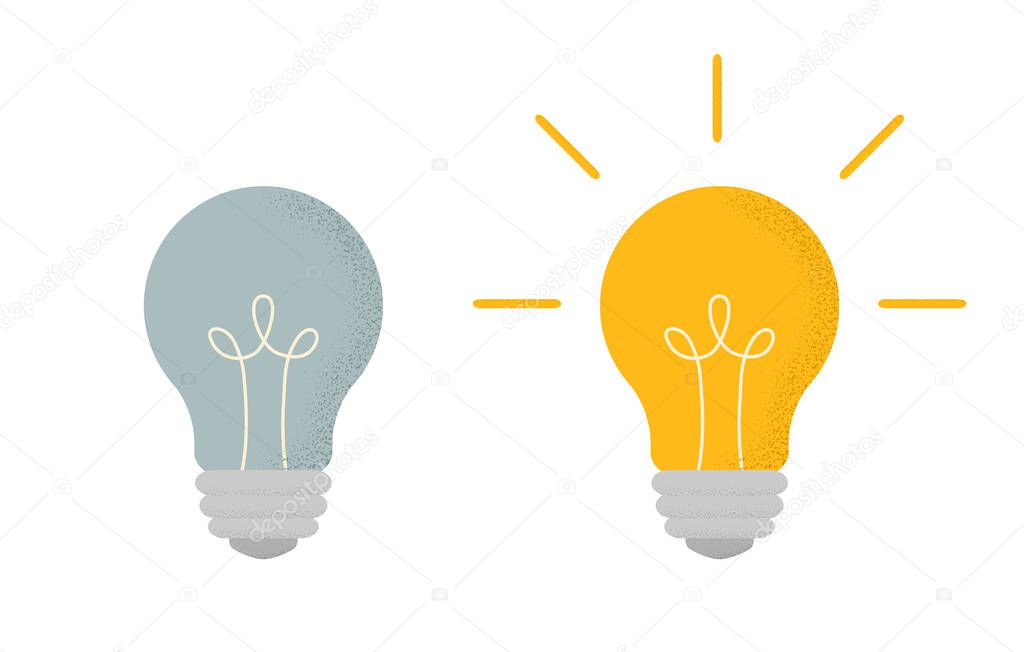 Vector illustration with two light bulbs: one is glowing, another is turned off. Set in cartoon style with trendy grain shadow isolated on white background