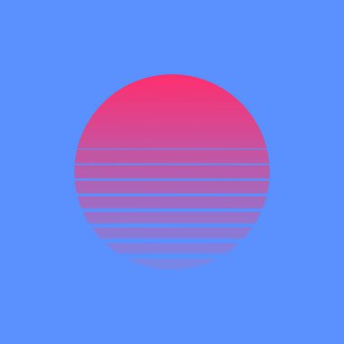 80 'lerin tarzında retro güneşin vektör çizimi. Retrowave, gün batımlı sentetik dalga fütüristik arka plan. Bilim kurgu için moda tasarım, siber soyut poster, baskı.