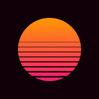 80 'lerin tarzında retro güneşin vektör çizimi. Retrowave, gün batımlı sentetik dalga fütüristik arka plan. Bilim kurgu için moda tasarım, siber soyut poster, baskı.