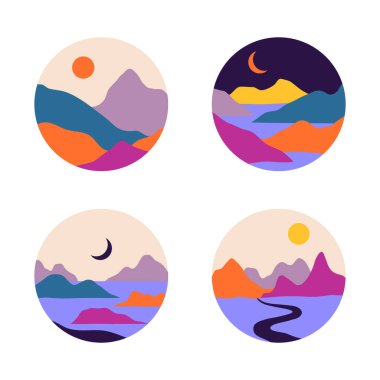 Yuvarlak simgelerden oluşan soyut modern estetik set ya da dağlı, yollu, gündoğumlu, günbatımlı manzara çıkartmaları. Boho duvar dekoru düz stil. Orta çağ modern minimalist sanatı