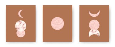 Moda tarzı basılabilir kartlar içeren bir vektör seti. Yüzyılın ortalarında boho taşları ve mermer desenli Ay ve gezegenler. Geometrik elementlere sahip soyut çağdaş estetik arkaplanlar