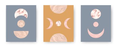 Moda tarzı basılabilir kartlar içeren bir vektör seti. Yüzyılın ortalarında boho taşları ve mermer desenli Ay ve gezegenler. Geometrik elementlere sahip soyut çağdaş estetik arkaplanlar