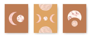 Moda tarzı basılabilir kartlar içeren bir vektör seti. Yüzyılın ortalarında boho taşları ve mermer desenli Ay ve gezegenler. Geometrik elementlere sahip soyut çağdaş estetik arkaplanlar