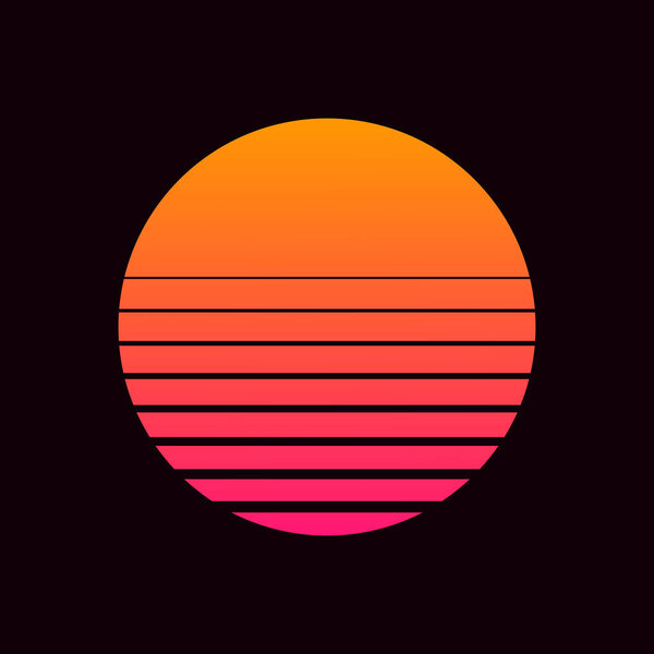 Vector illustration of retro sun in 80`s style. Retrowave, synthwave futuristic background with sunset. Trendy design for sci-fi, cyber abstract poster, print.
