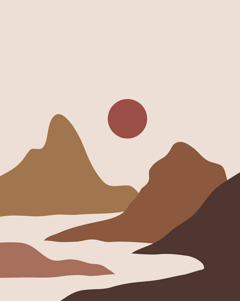 Vector abstract contemporary aesthetic background landscape with mountains, sunset, sunrise. Boho wall textured print decor in flat style. Mid century modern minimalist art and design