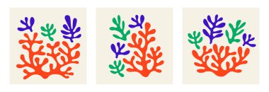 Estetik elle çizilmiş soyut yapraklar ve akışkan şekillerle çağdaş bileşimlerin vektör kümesi. Yaratıcı Matisse çiçek resimlerine ilham verdi. Çocuksu İskandinav geçmişi, poster, baskı