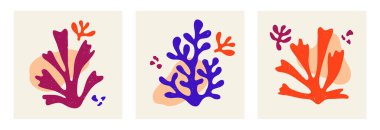 Estetik elle çizilmiş soyut yapraklar ve akışkan şekillerle çağdaş bileşimlerin vektör kümesi. Yaratıcı Matisse çiçek resimlerine ilham verdi. Çocuksu İskandinav geçmişi, poster, baskı